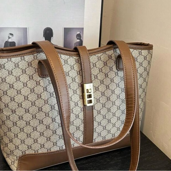 NWT Brown and Gray Patterned Tote Bag W/Gold Tone Hardware & Turn Lock 15 X 10 - Picture 6 of 14